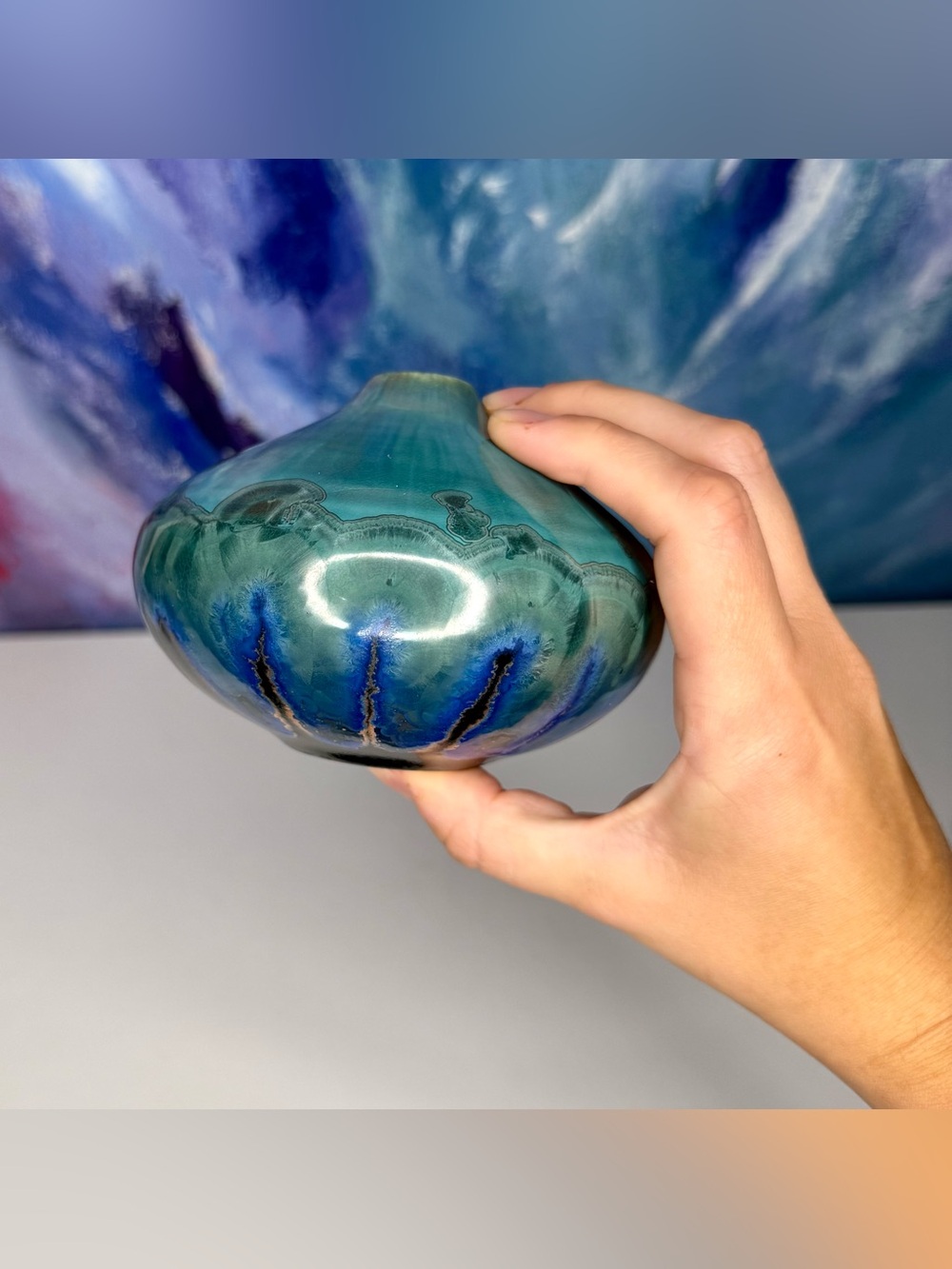 Bill Campbell Crystaline Glaze Studio Pottery Bud Vase Teal Blue Green